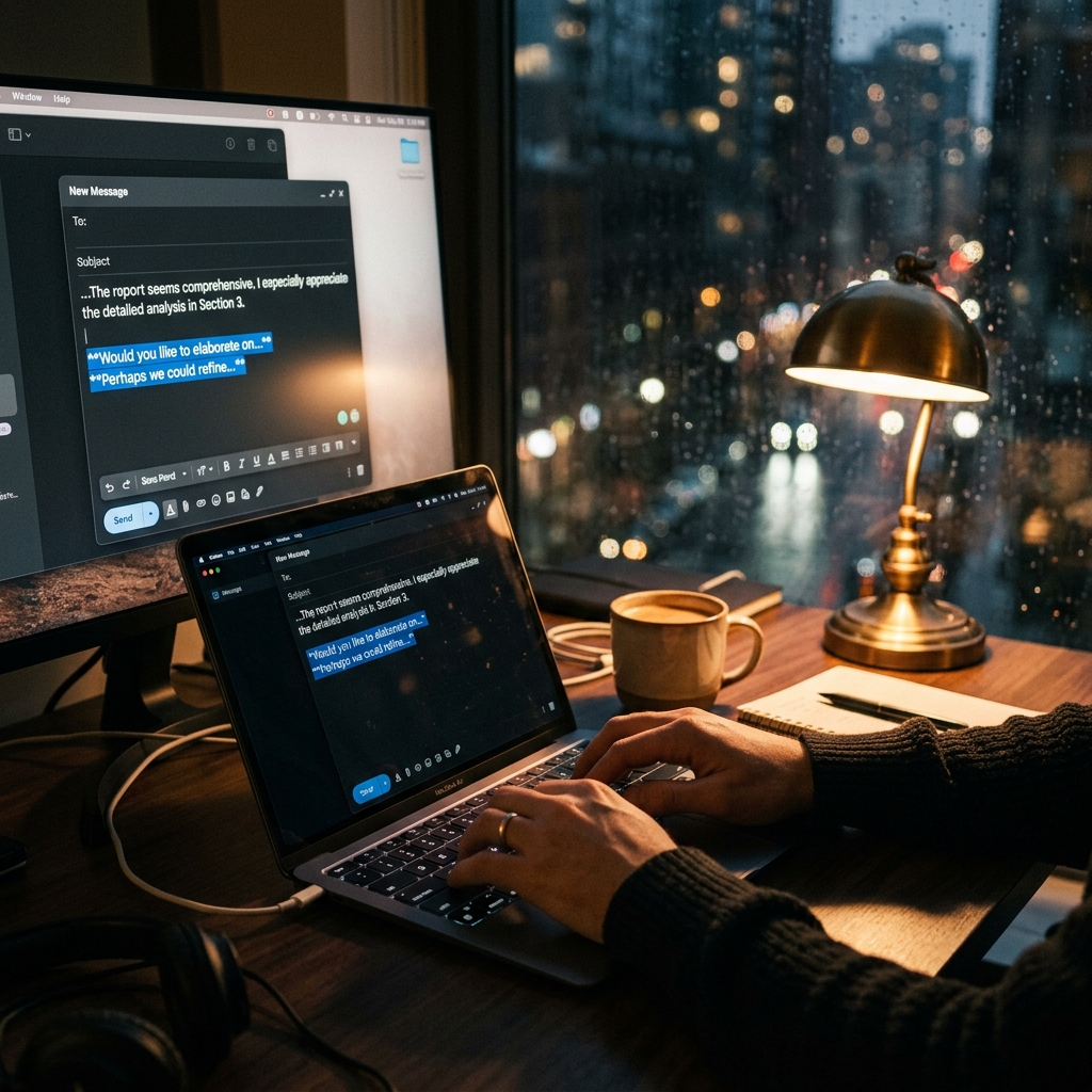 Person writing AI-assisted export message at laptop workstation