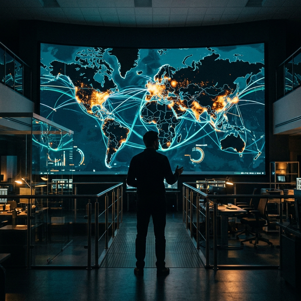 Analytics war room with world map showing global trade routes