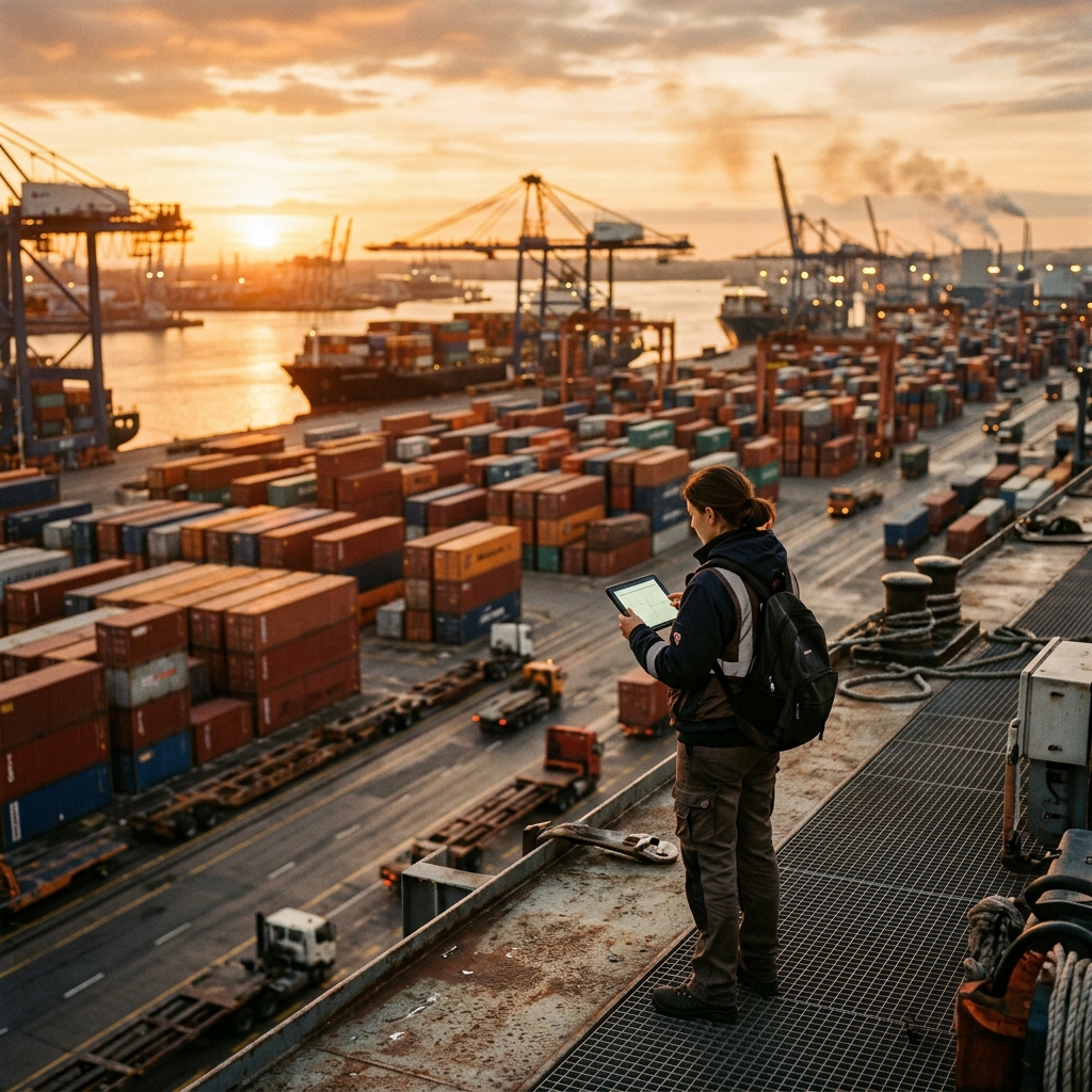 Trade port at golden hour with export professional studying shipping routes