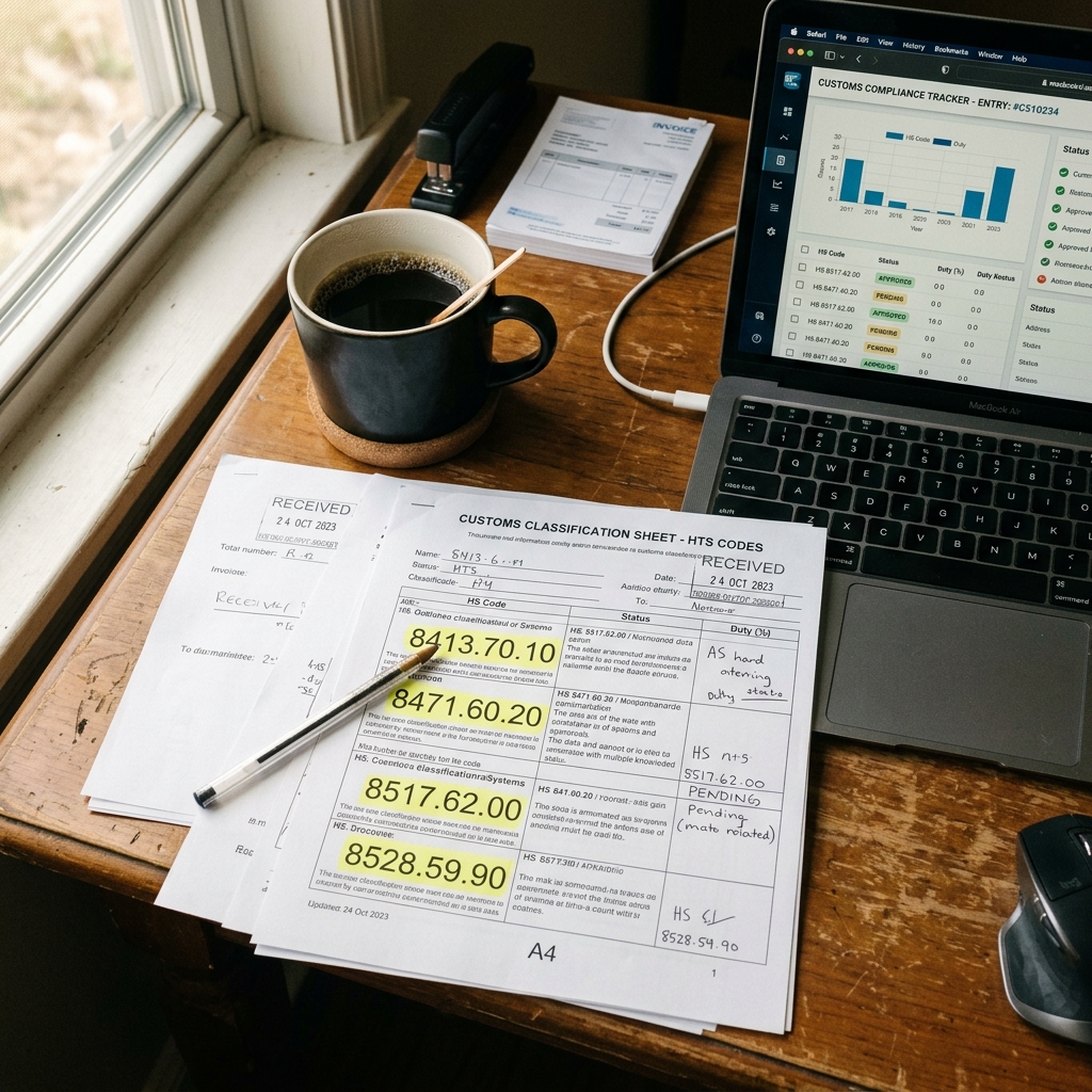 Customs classification documents and laptop on a desk