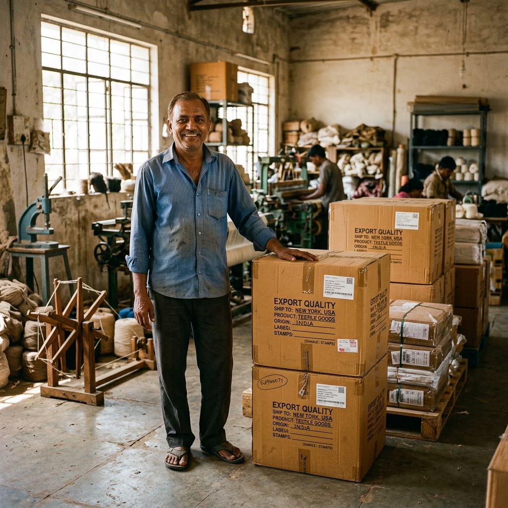 MSME owner standing beside export cargo boxes in workshop