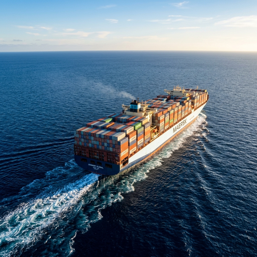 Container ship loaded with cargo sailing across open ocean
