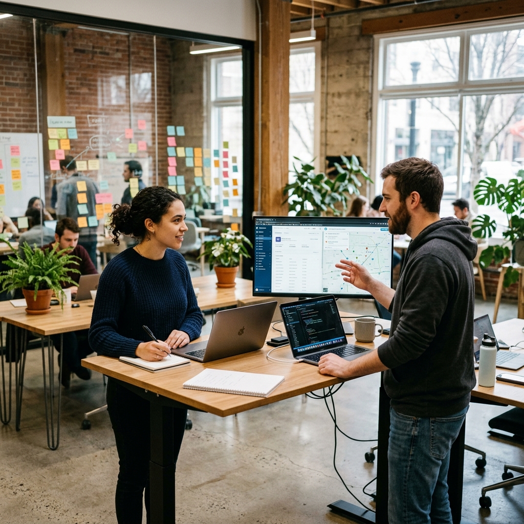 Two colleagues collaborating at a modern desk with unified logistics dashboards